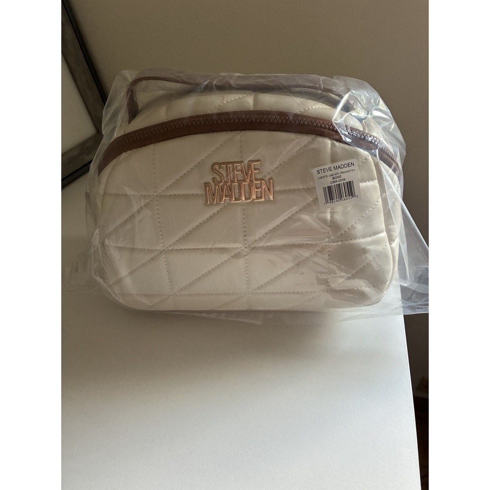 Steve Madden Makeup Case Bone Faux Leather Zipper Handle CSM-2559